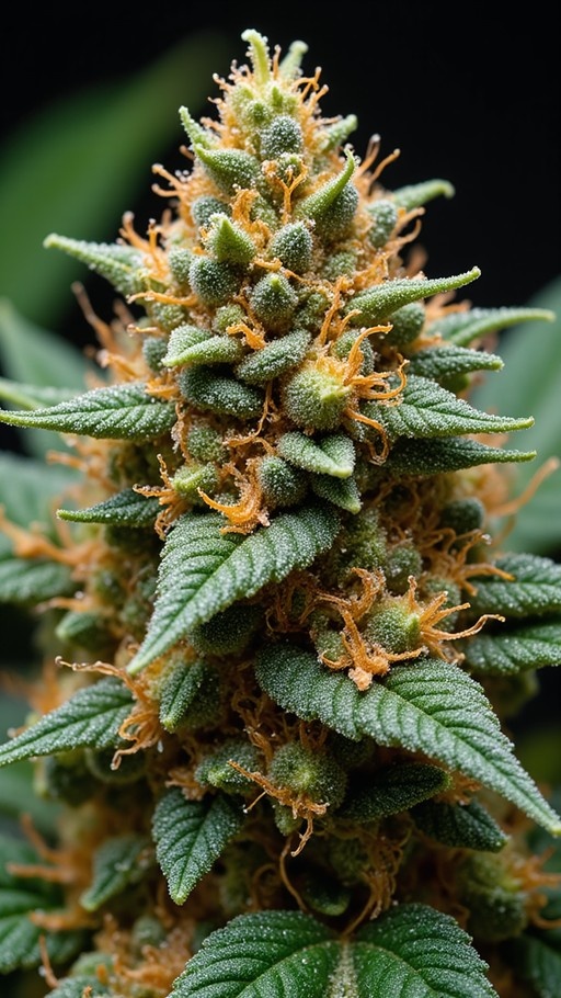 Close-up view of a green cannabis bud with orange hairs and white trichomes on a black background
