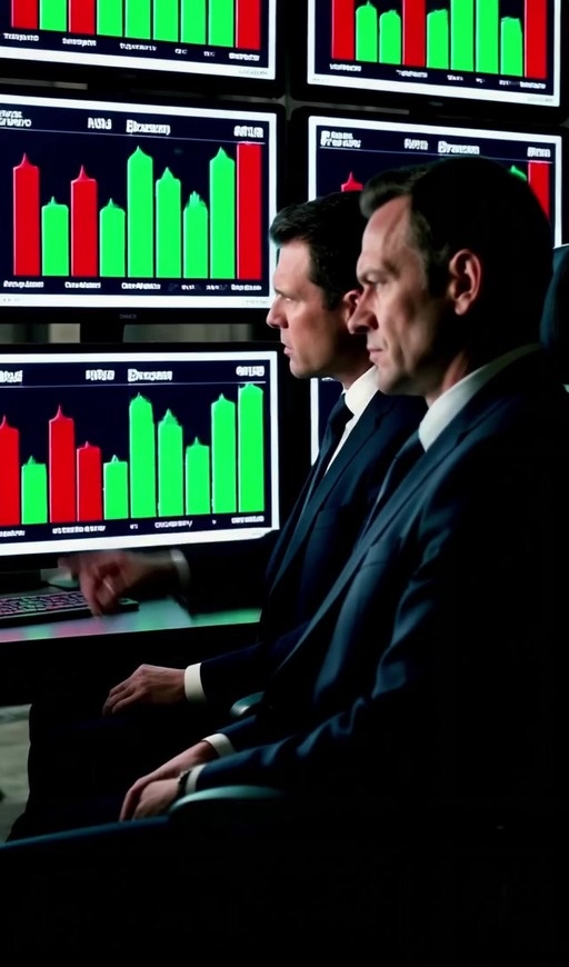 Two men in dark suits sit side by side in a dimly lit room, illuminated by the glow of multiple monitors displaying green and red Bitcoin candlestick charts while one points at the screen.