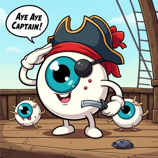 A cartoon eyeball pirate in a tricorne hat and eyepatch salutes while holding a sword on a wooden ship deck.