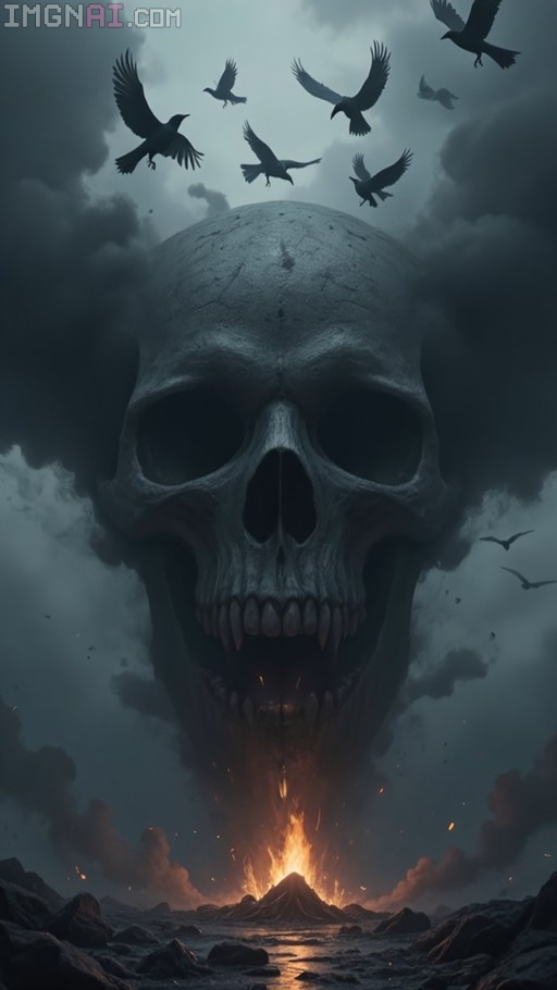 A large grey skull with an open mouth emitting fire and smoke, surrounded by flying black crows in a cloudy sky.