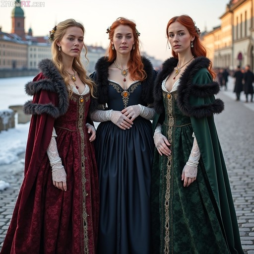 Three women in 17th-century velvet dresses and fur capes standing on a snowy street with a church spire in the background.