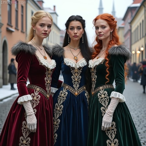 Three women in ornate 17th-century velvet dresses with fur collars and amber necklaces standing on a snowy cobblestone street.
