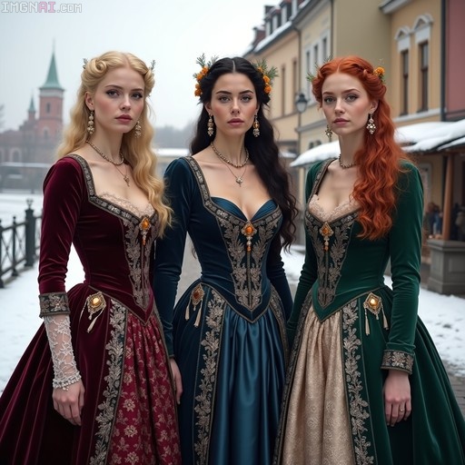 Three women in ornate 17th-century velvet gowns and amber jewelry stand on a snowy street in Riga, Latvia.