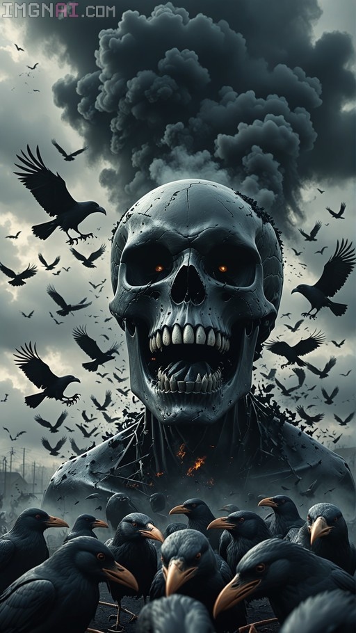 A large dark skull with glowing orange eyes surrounded by a flock of black crows under a stormy sky.