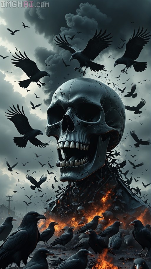 A massive dark skull with an open jaw stands amidst a flock of black crows flying and gathering near burning debris under a stormy sky.