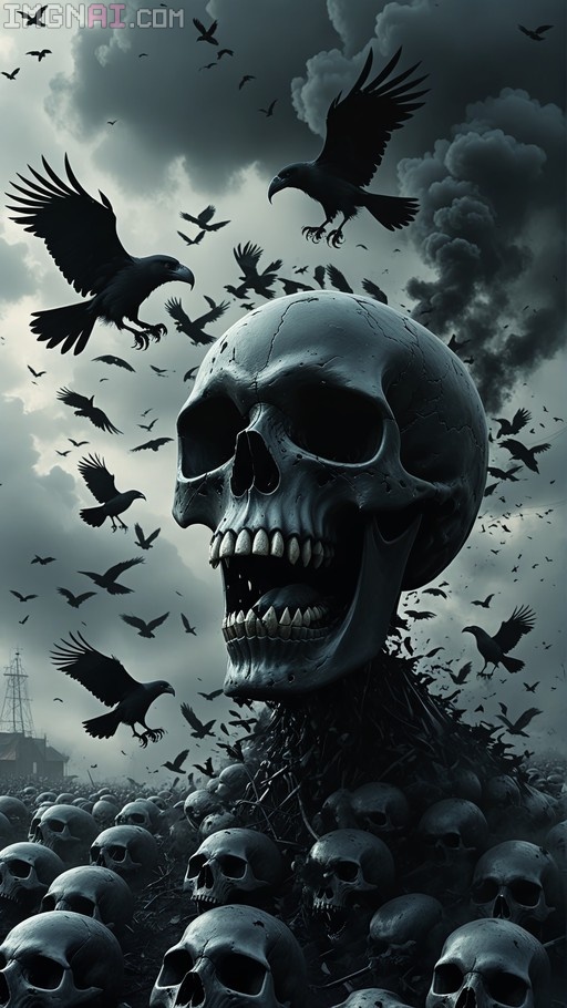 A giant dark skull with an open mouth surrounded by flying crows against a cloudy sky.