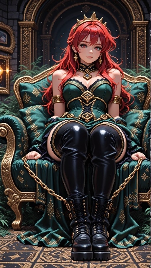 Pixel art portrait of a red-haired woman in a green dress and crown sitting on an ornate chair holding chains.