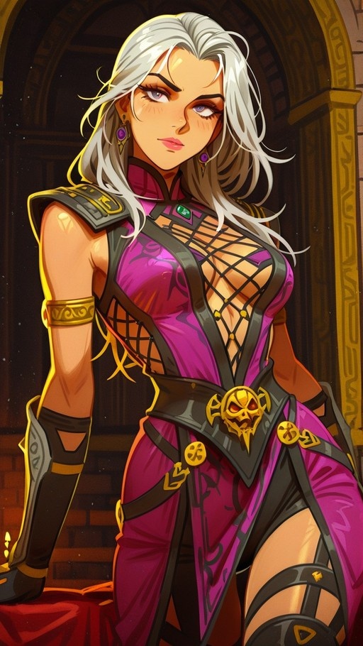 A portrait of a woman with long white hair and purple eyes wearing a magenta dress with black straps and a skull belt buckle.