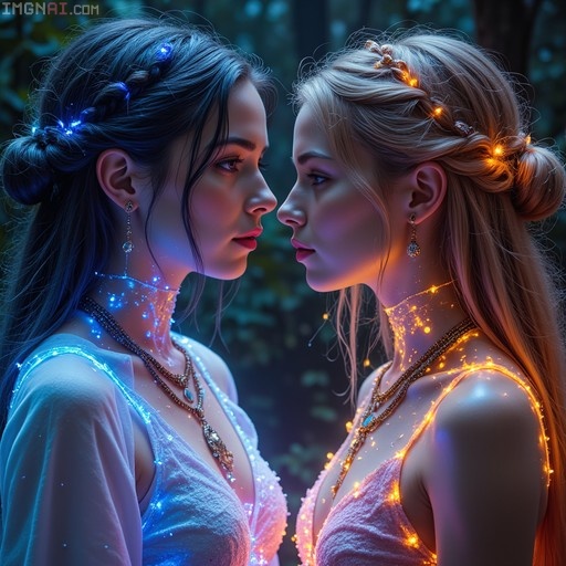 Two women facing each other in profile, one with dark hair illuminated by blue lights and the other with blonde hair illuminated by orange lights, both wearing intricate jewelry and dresses.