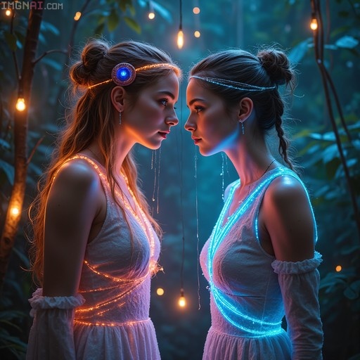 Two women in profile facing each other, wearing white dresses with glowing light trails, one warm and one cool, in a forest setting.