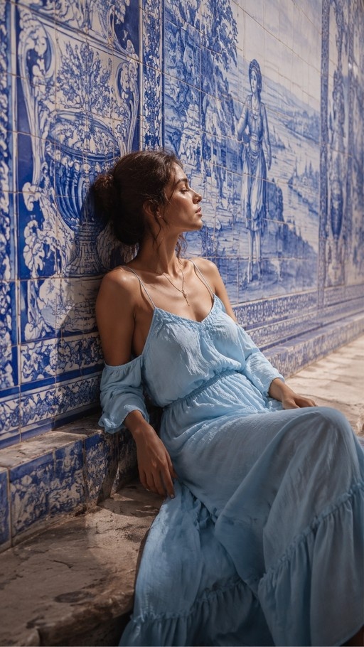 A woman in a light blue dress sits on stone steps with her eyes closed against a wall of blue and white patterned tiles.