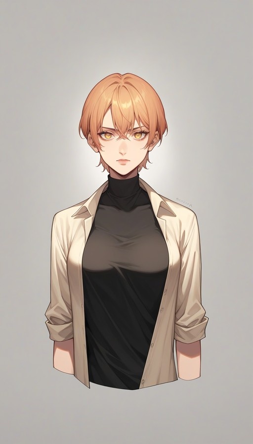 Anime-style illustration of a young woman with short light brown hair and yellow eyes wearing a black turtleneck and open beige shirt