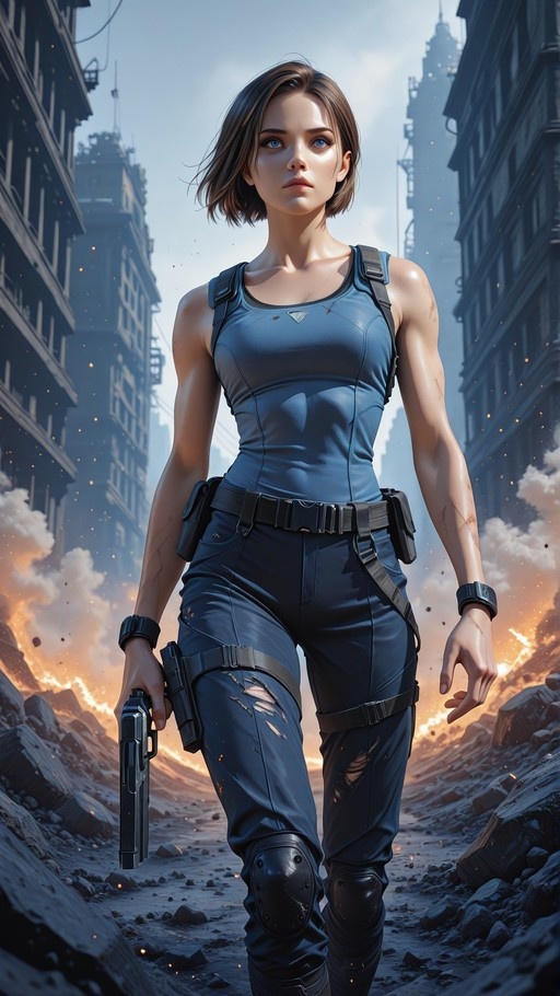 Jill Valentine holding a handgun in a ruined city street