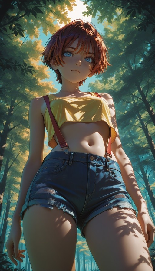 A low-angle digital illustration of a short-haired anime girl with blue eyes standing in a sunlit forest, wearing a yellow crop top and denim shorts.