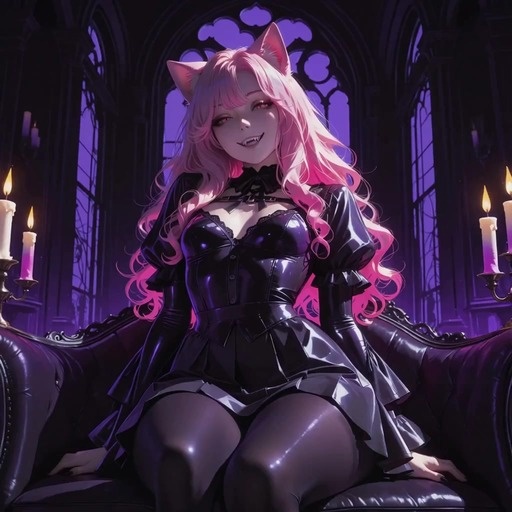 A pink-haired anime girl with cat ears and fangs sits on a couch in a dark room with candles.