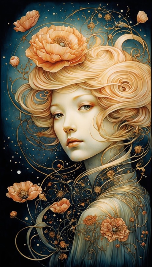 Portrait of a pale-skinned woman with voluminous blonde hair adorned with a large orange poppy and golden vines against a dark blue starry background.
