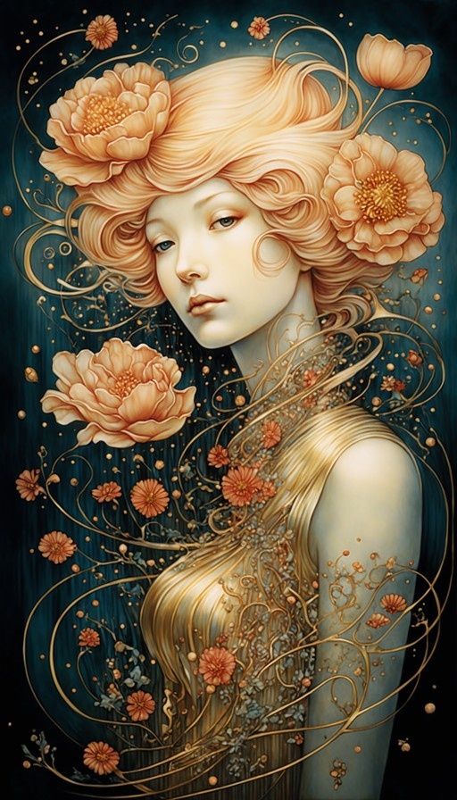 A pale-skinned woman with voluminous blonde hair adorned with large peach peonies and swirling golden vines against a deep teal background.