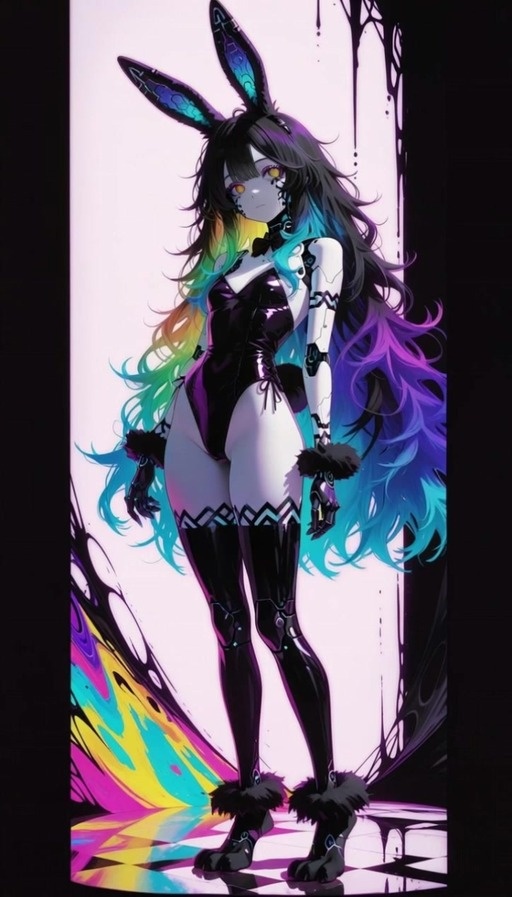 An anime-style rabbit girl with long multicolored hair and yellow eyes dances in a black and white bunny suit against a colorful abstract background.