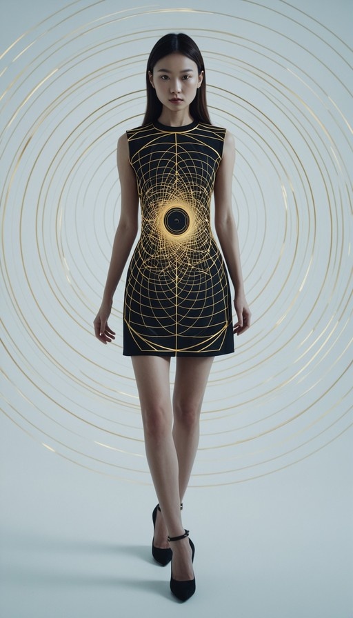 A full-body image of a woman with long dark hair wearing a sleeveless black mini-dress with an intricate gold geometric grid pattern and black high heels, standing against a light blue background with concentric golden rings.