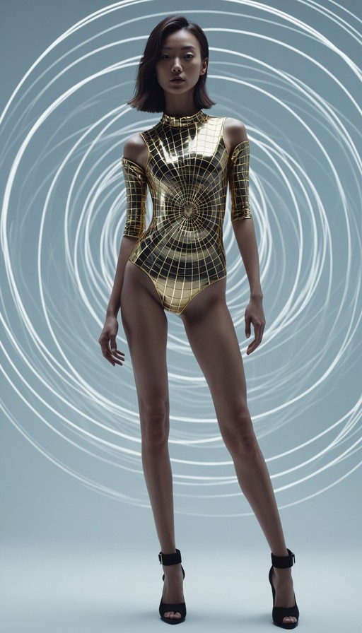 A woman with short brown hair wears a metallic gold grid-patterned bodysuit and black heels, standing against a blue background with white concentric circles.
