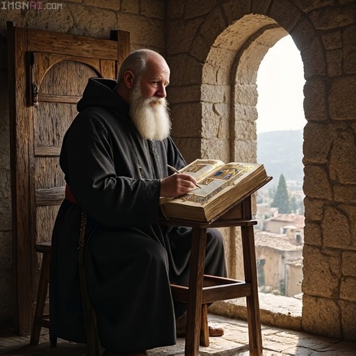 A bald man with a long white beard wearing a black robe sits at a wooden desk by an arched window, writing in a large illuminated book.