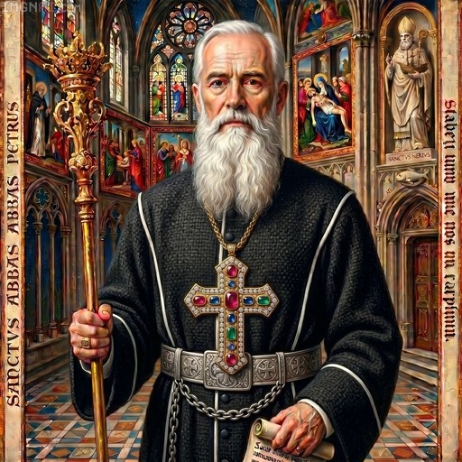 An elderly man with a long white beard wearing black robes and holding a golden staff stands in a church with stained glass windows.