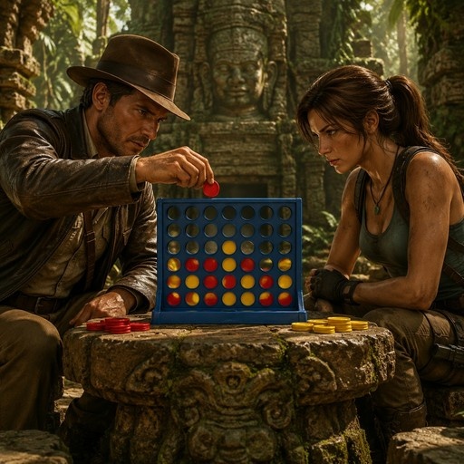 A male adventurer in a fedora and a female explorer with a ponytail play Connect Four on an ancient stone table in a jungle ruin.