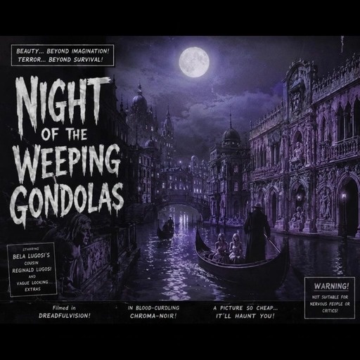 An animated video titled Night of the Weeping Gondolas featuring a purple night scene in Venice with gondolas on canals under a full moon.