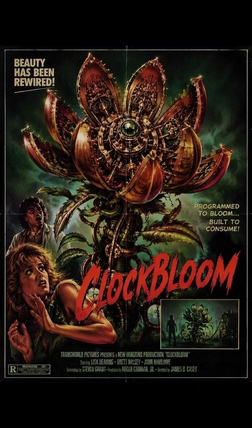 A mechanical flower monster with gears chases people down a hallway.
