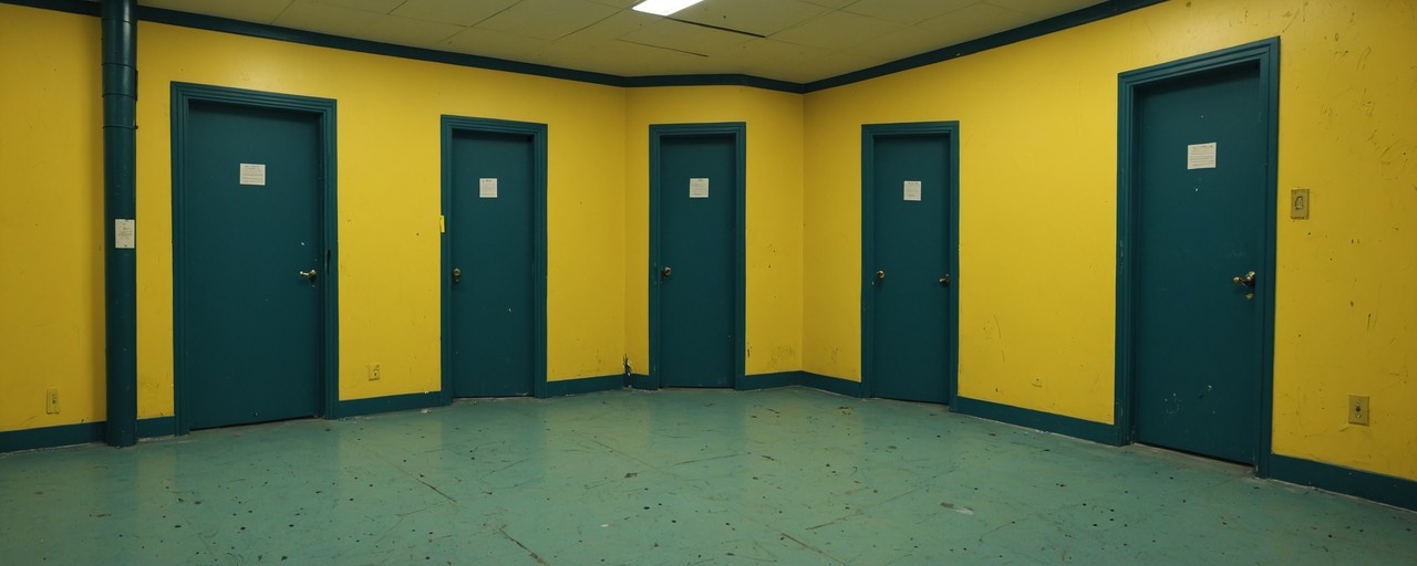 A wide shot of an empty hallway with bright yellow walls and several closed teal doors along the perimeter.