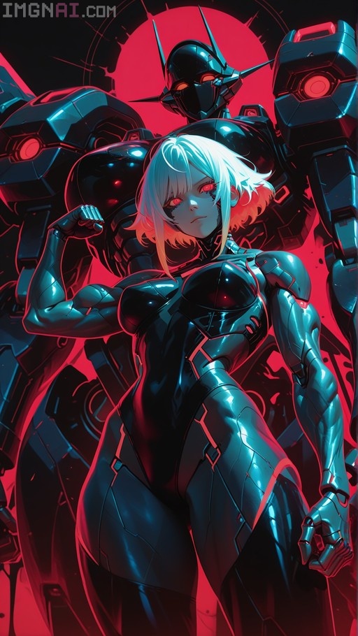 A muscular female android with white hair and glowing red eyes flexes her arm while wearing a shiny metallic bodysuit, standing in front of a large dark mecha robot against a red background.