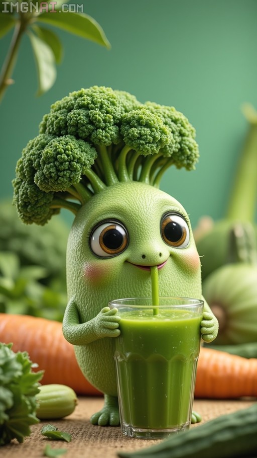 A cute anthropomorphic vegetable character with a large broccoli head sips green juice from a glass using a straw.