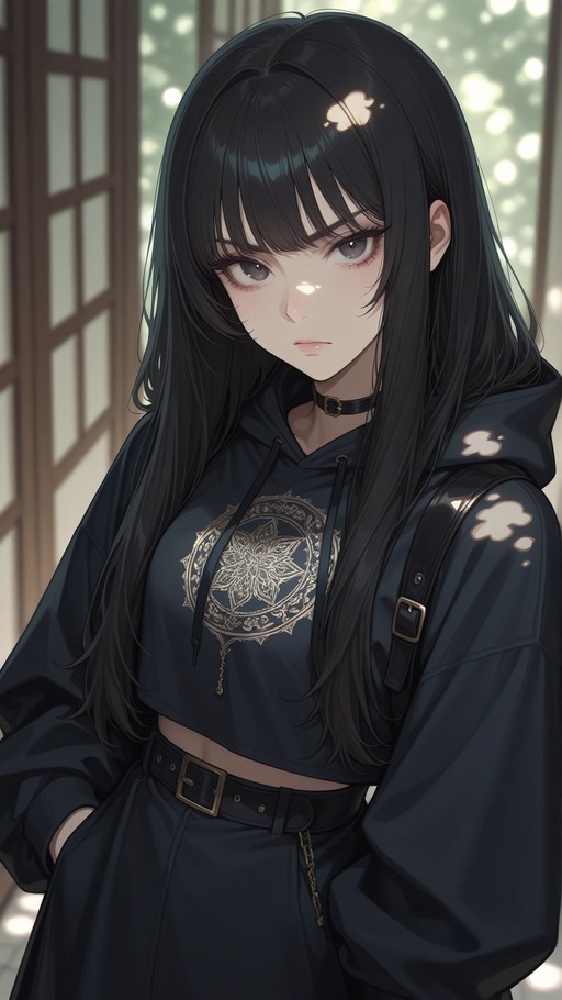 A girl with long black hair and an unamused expression wears a black cropped hoodie with a gold design and a choker.