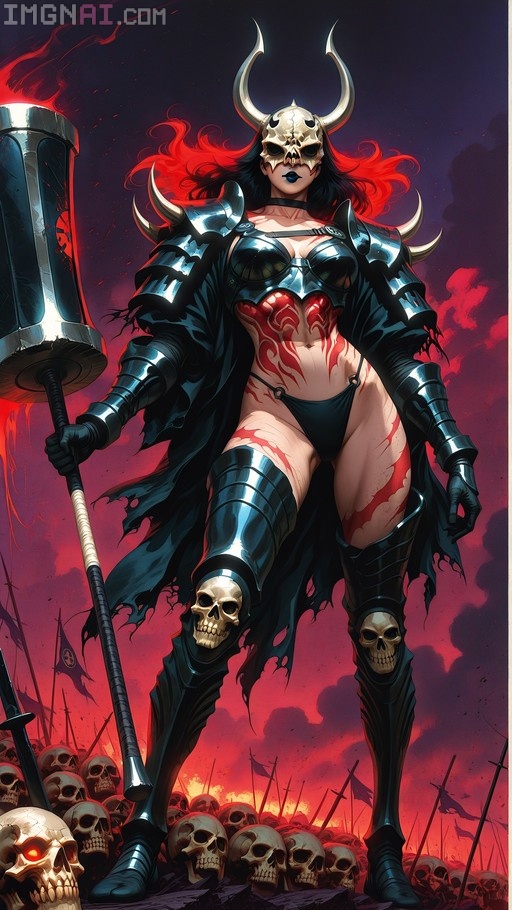 A digital painting of a muscular female warrior wearing a horned skull mask and black armor, holding a large hammer while standing among skulls.
