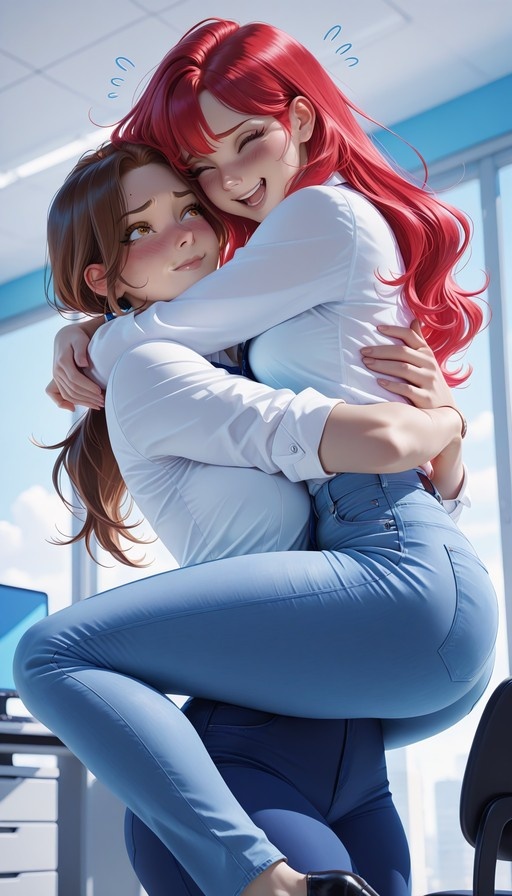 A redhead woman in a white shirt and blue jeans carries a smiling brunette woman in her arms while hugging her tightly in an office setting.