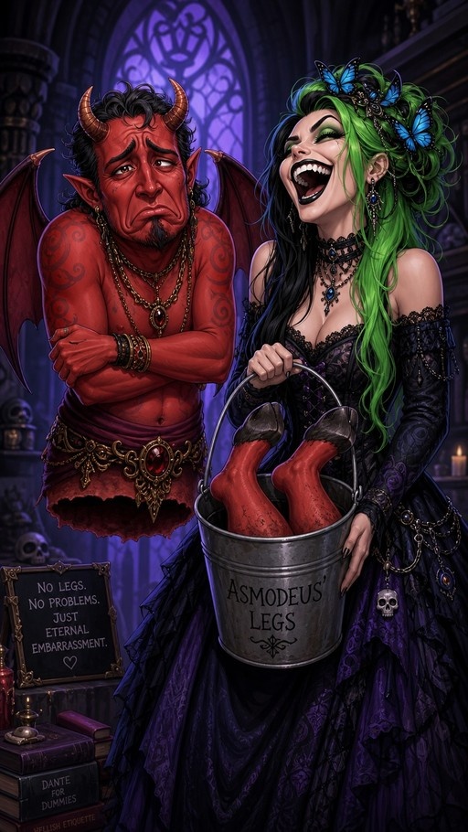 A red-skinned demon with horns stands looking embarrassed next to a laughing green-haired woman holding a metal bucket containing two red hooved legs labeled "Asmodeus' Legs."