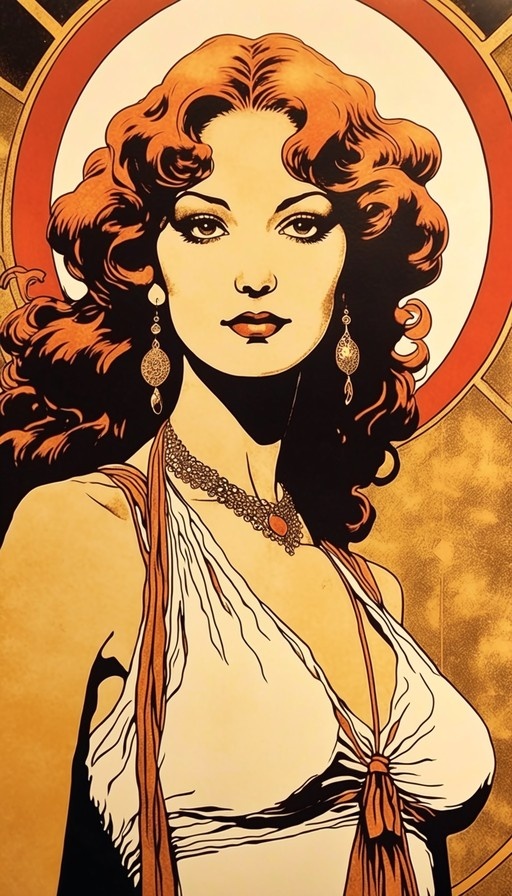 An Art Nouveau style illustration of a woman with voluminous curly red hair wearing ornate earrings and a necklace against a circular background.