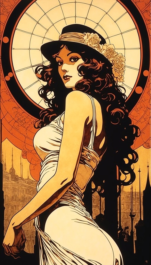 An Art Nouveau-style illustration of a woman with long dark curly hair wearing a white dress and a black hat with flowers, looking back over her shoulder against a circular window.