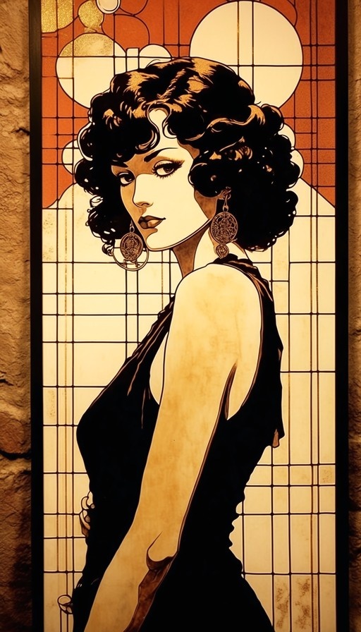 A stylized illustration of a woman with short dark curly hair wearing a black sleeveless dress and large ornate earrings, looking back over her shoulder against a warm orange and cream grid background.