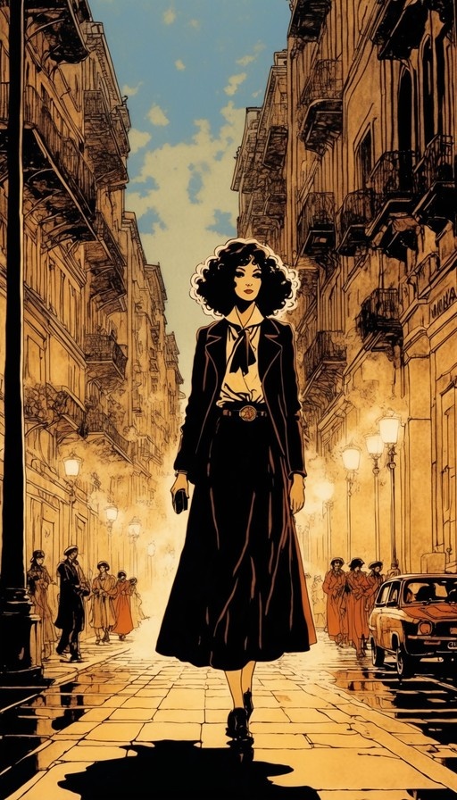 A stylized illustration of a woman with dark curly hair wearing a long black skirt and jacket walking down a narrow city street lined with buildings and other people.