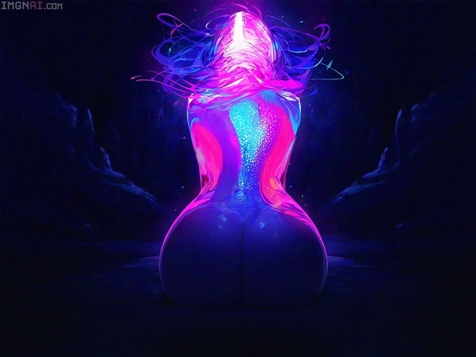 A girl with long pink and purple hair sits in a dark cave, her back glowing bright blue as she turns her head to look back.