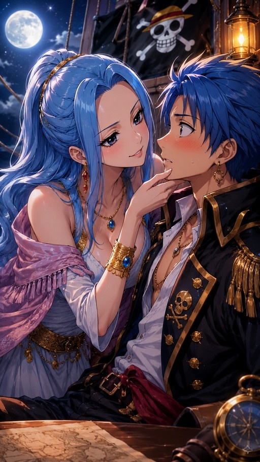 Nami from One Piece gently holds the chin of a blushing Luffy on a pirate ship deck under a full moon, with their flag visible in the background.