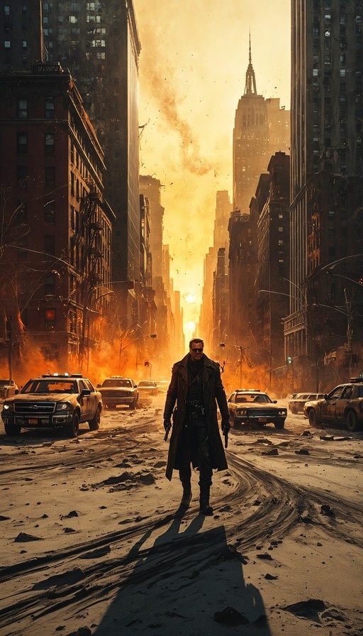 A man in a long dark coat and sunglasses walks down a debris-covered city street with abandoned cars and burning buildings in the background.