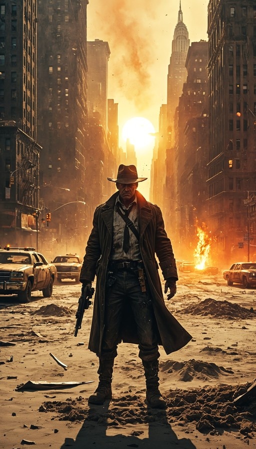 A man in a fedora and trench coat stands in a ruined city street with burning cars and debris under an orange sky.