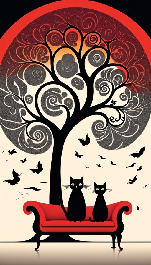 Two black cats sitting side-by-side on a red sofa in front of a large, swirling stylized tree with birds and butterflies flying around.