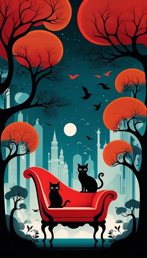 Two black cats sit on an ornate red sofa against a surreal night backdrop featuring a full moon, flying birds, and stylized city spires framed by large trees.