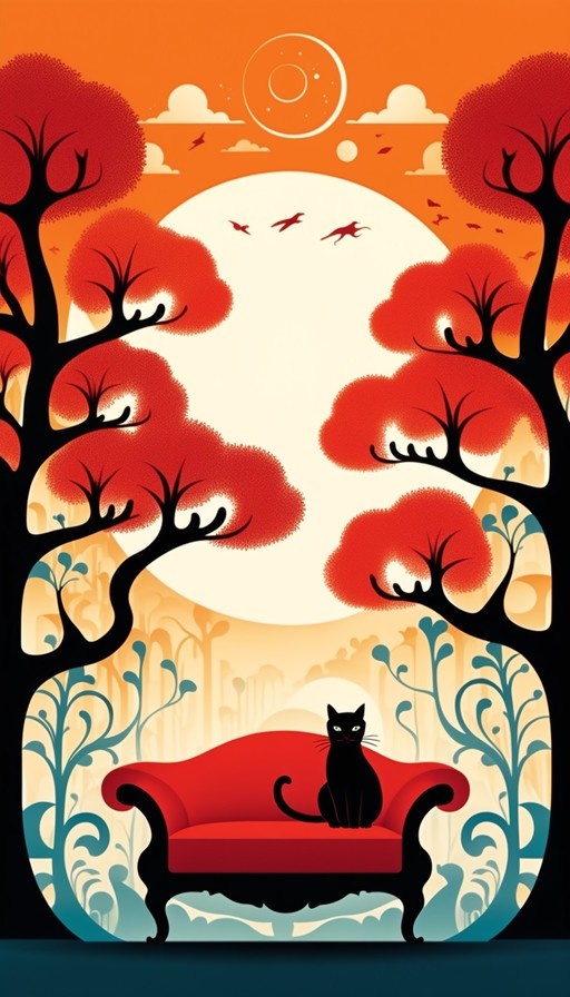A black cat sits on a red sofa in front of a large white moon and orange sky with red trees.