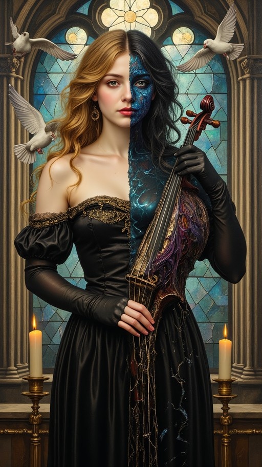 A woman with a split face and hair stands in front of a stained-glass window holding an ornate string instrument while white doves fly around her.