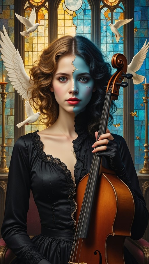 A split-faced woman with one side blue holding a cello in front of stained glass windows surrounded by white doves