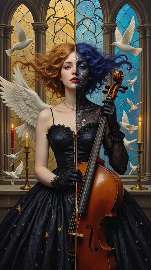 A woman with a split face of pale skin and dark texture holds a cello in front of stained glass windows, surrounded by white doves and candles.